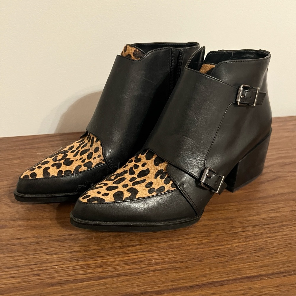 Black Leather Leopard Print Calf Hair Boots